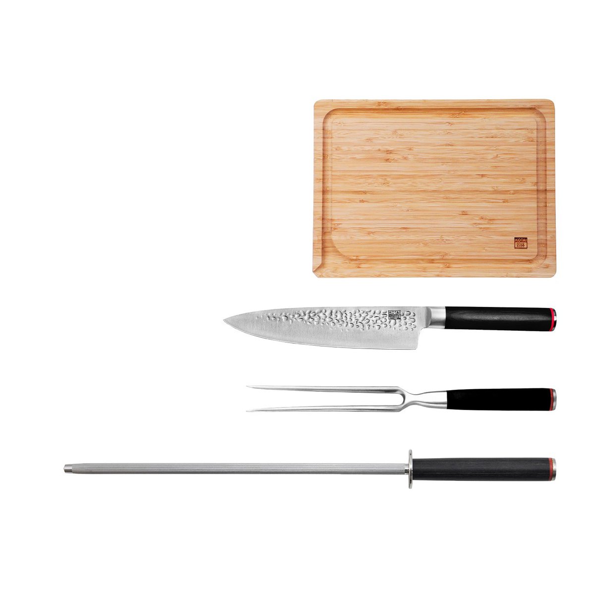 Messen- en Keukenaccessoireset - The BBQ Set Deluxe: Gyuto (koksmes) + vleesvork + aanzetstaal + bamboe snijplank KOTAI kitchen