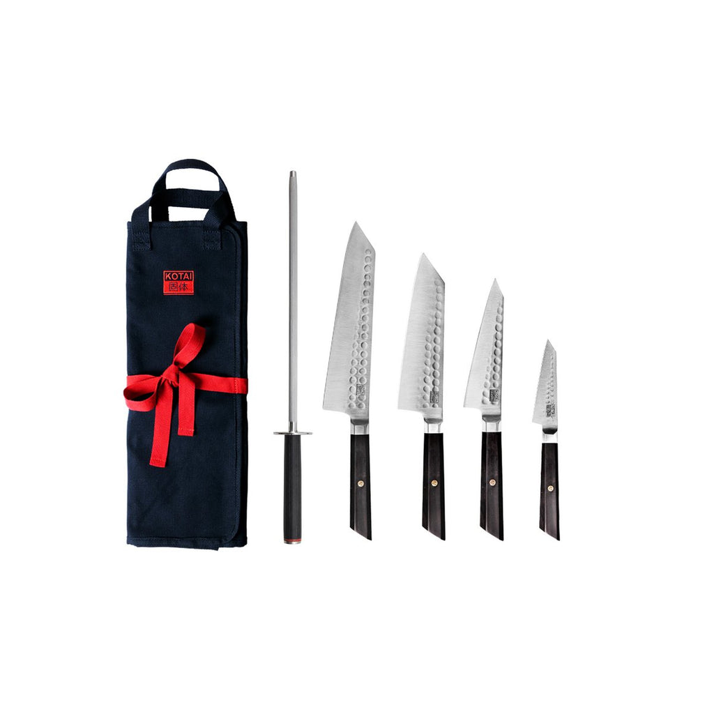 Messen- en keukenaccessoireset - Bunka Complete Set Deluxe (C): 4 messen (Bunka officemes + Bunka Petty + Bunka Santoku + Kiritsuke) + 2 accessoires (100% katoenen oprolmessenzak + aanzetstaal) KOTAI kitchen