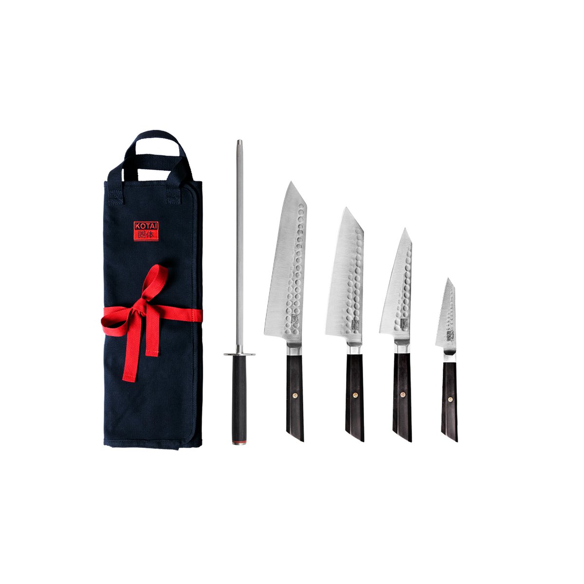 Messen- en keukenaccessoireset - Bunka Complete Set Deluxe (C): 4 messen (Bunka officemes + Bunka Petty + Bunka Santoku + Kiritsuke) + 2 accessoires (100% katoenen oprolmessenzak + aanzetstaal) KOTAI kitchen