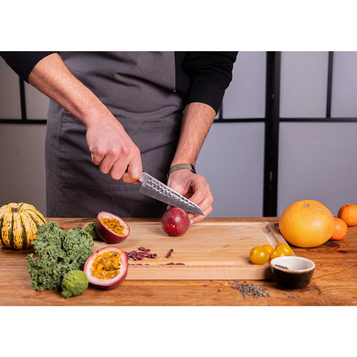 Messen- en keukenaccessoireset - Bunka Complete Set Deluxe (C): 4 messen (Bunka officemes + Bunka Petty + Bunka Santoku + Kiritsuke) + 2 accessoires (100% katoenen oprolmessenzak + aanzetstaal) KOTAI kitchen