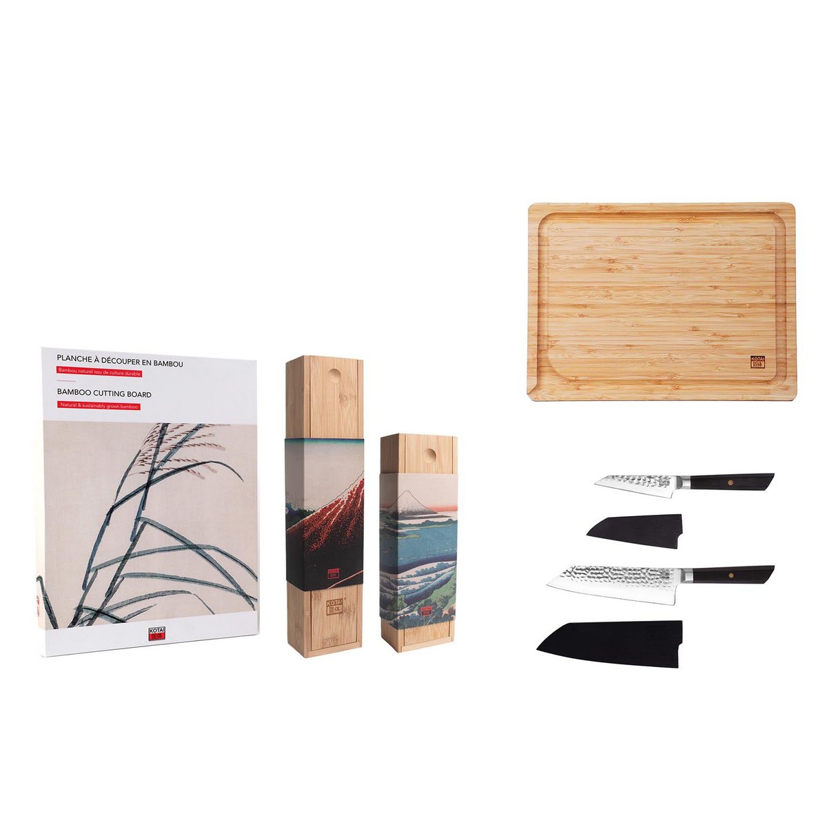 Messen en Keuken Accessoires Set - Bunka Starter Set Deluxe: 2 messen (Bunka schilmesje + Bunka Santoku) + bamboe snijplank KOTAI kitchen