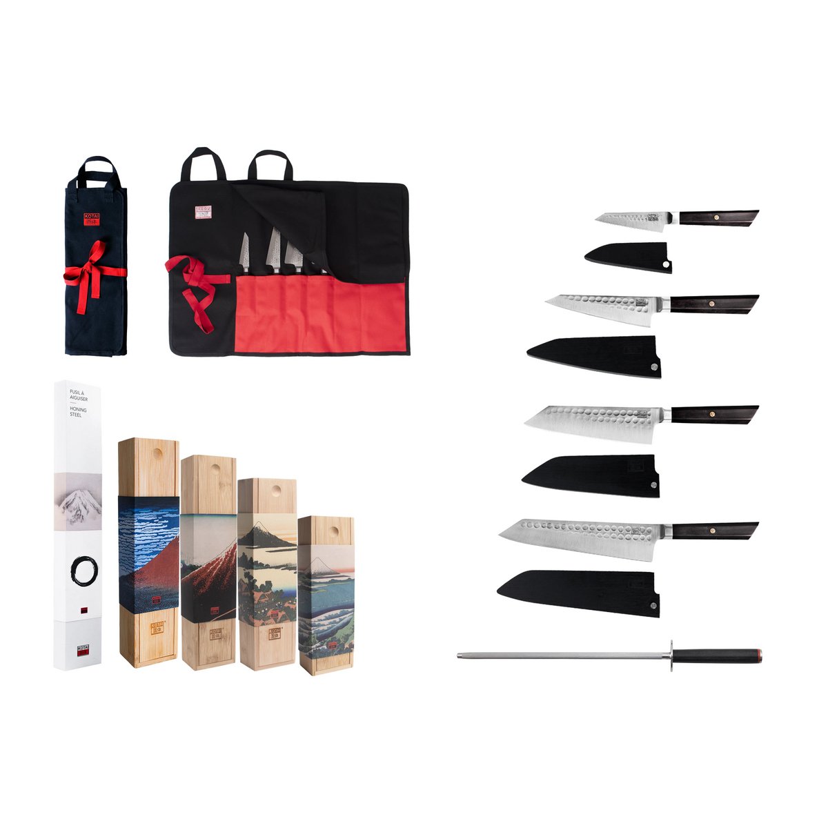 Messen- en keukenaccessoireset - Bunka Complete Set Deluxe (C): 4 messen (Bunka officemes + Bunka Petty + Bunka Santoku + Kiritsuke) + 2 accessoires (100% katoenen oprolmessenzak + aanzetstaal) KOTAI kitchen