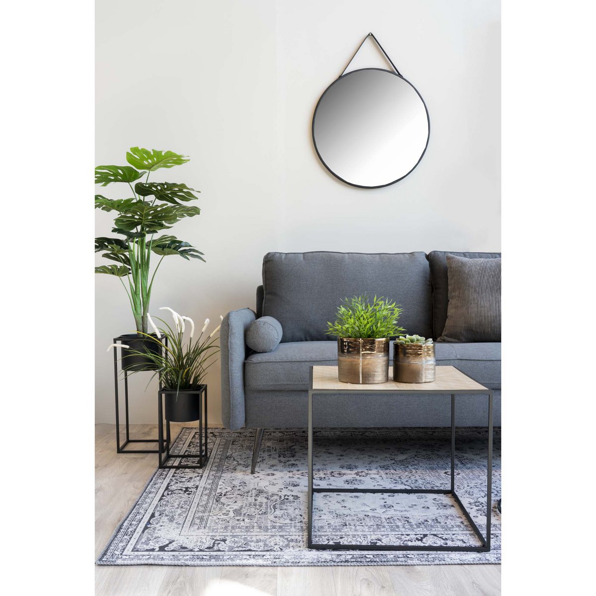Trapani Spiegel - Zwart, Staal, Kunstleer, Ø38cm House Nordic ApS