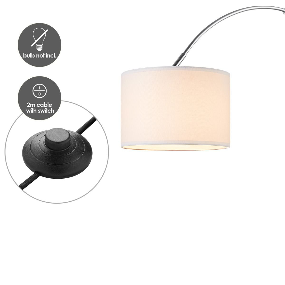 Home Sweet Home Moderne Boog Vloerlamp - Duke - Geborsteld Staal - Wit Home Sweet Home