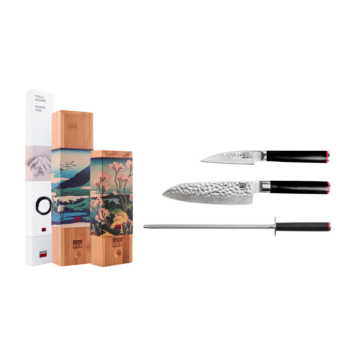 Messen- en keukenaccessoireset - De Starterset Deluxe Edition (A): 2 messen (schilmesje + santoku) + aanzetstaal KOTAI kitchen