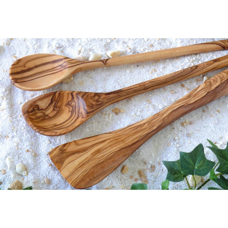 Set van 5 spatels zonder gaten, ronde + vierkante kooklepels, slacouverts 30 cm Olivenholz erleben
