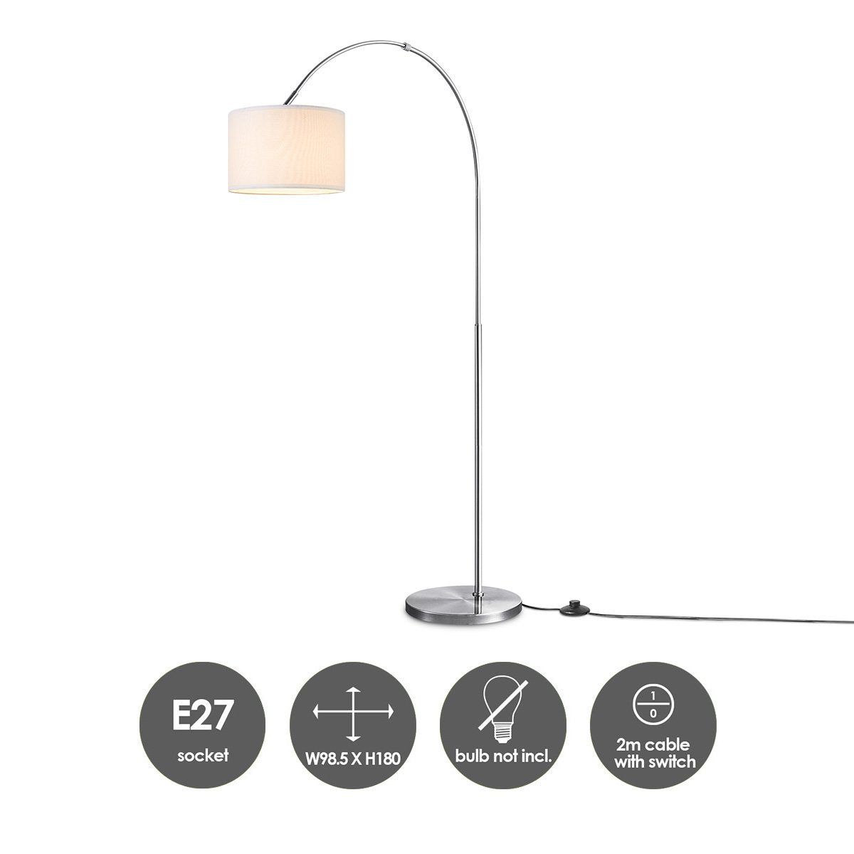 Home Sweet Home Moderne Boog Vloerlamp - Duke - Geborsteld Staal - Wit Home Sweet Home