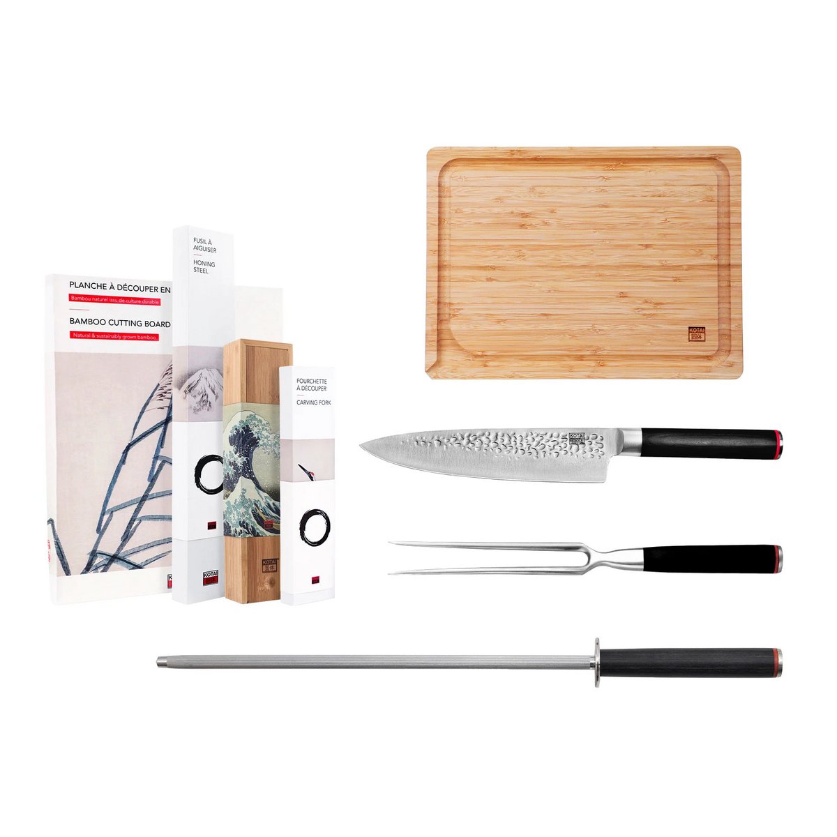 Messen- en Keukenaccessoireset - The BBQ Set Deluxe: Gyuto (koksmes) + vleesvork + aanzetstaal + bamboe snijplank KOTAI kitchen